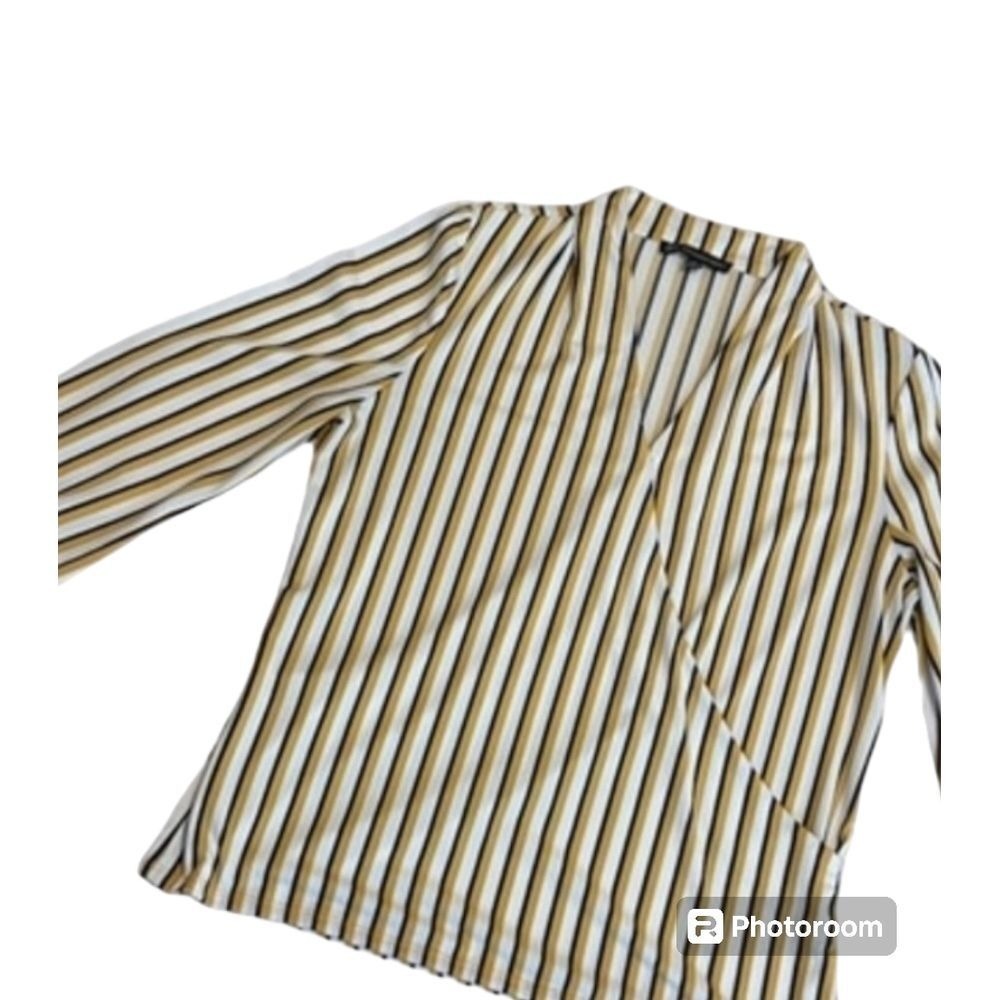 Dressy career faux wrap small gold black cream stripe long sleeve blouse